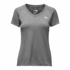 The North Face Short Sleeve Reaxion Amp V-Neck Tee Women`s -Winter Clothing Shop 2844 HTHR GRYTNF WHITE m